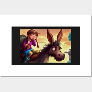 A Distressed Young Girl Riding a Donkey Posters and Art